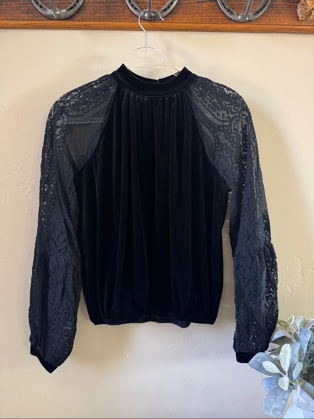 Free People Black Velvet Blouse with Lace Sleeves